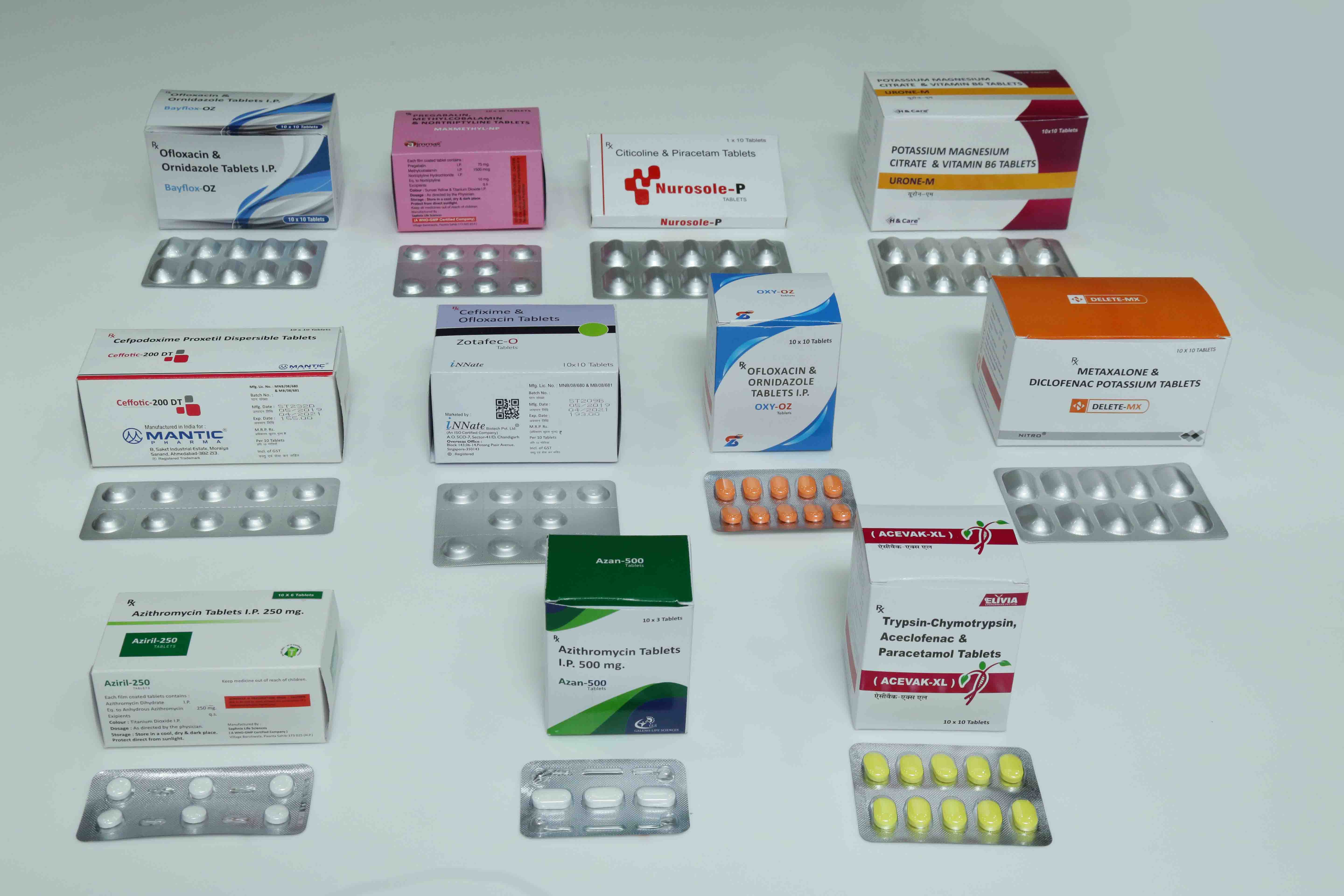 Bayflox-OZ, Mantic, Aziril-250, Azan-500, Acevak-XL, Delete-MX, OXY-OZ Tablets